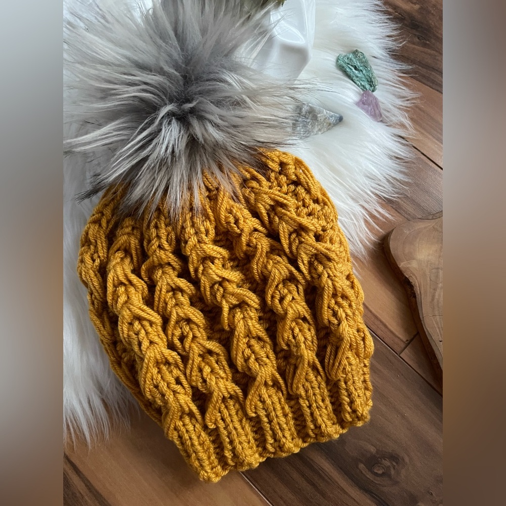 Chunky Knit Beanie with Faux Fur Pom hand knitted made in USA